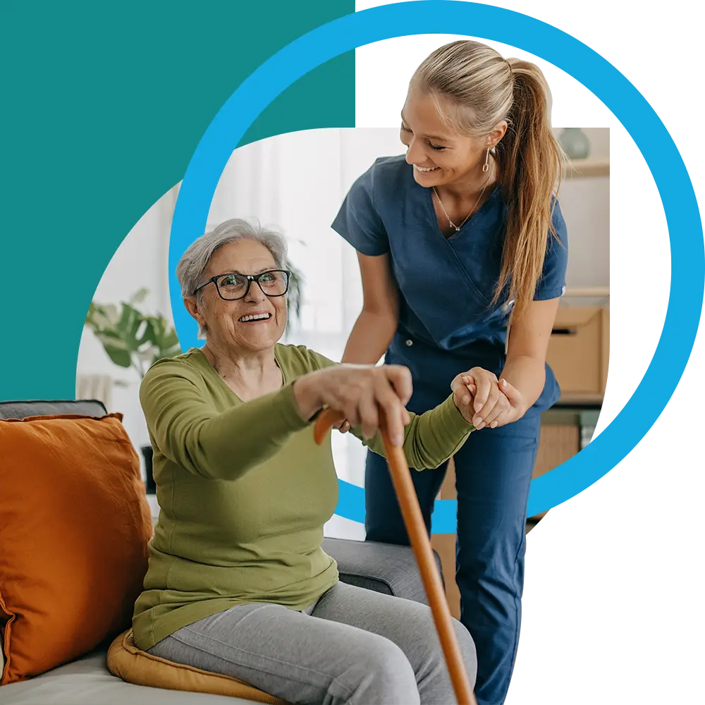 Nurse practitioner providing home-based care to a polychronic member on a couch